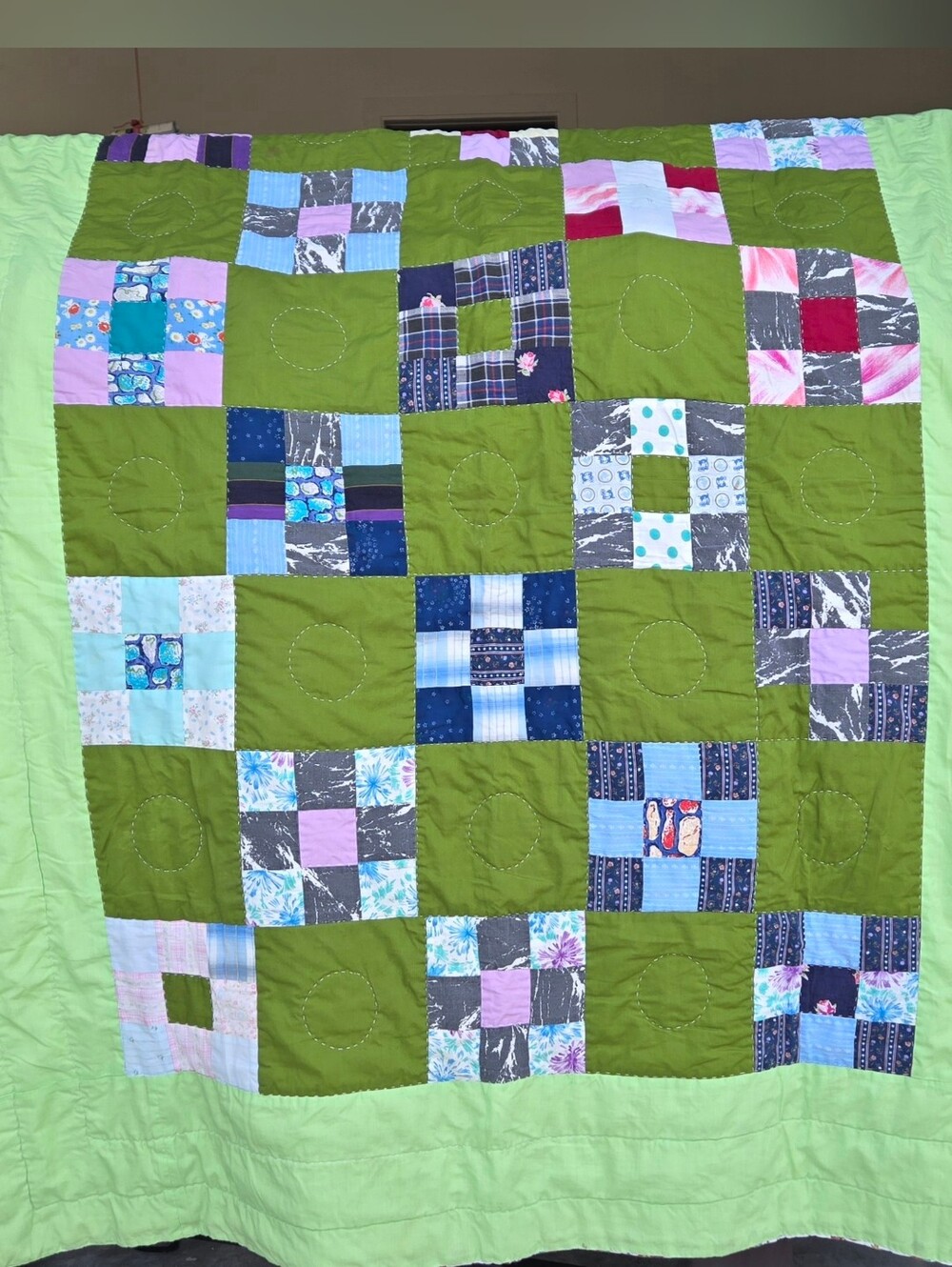 Handmade Olive Green Patchwork Quilt with Multicolor Accents